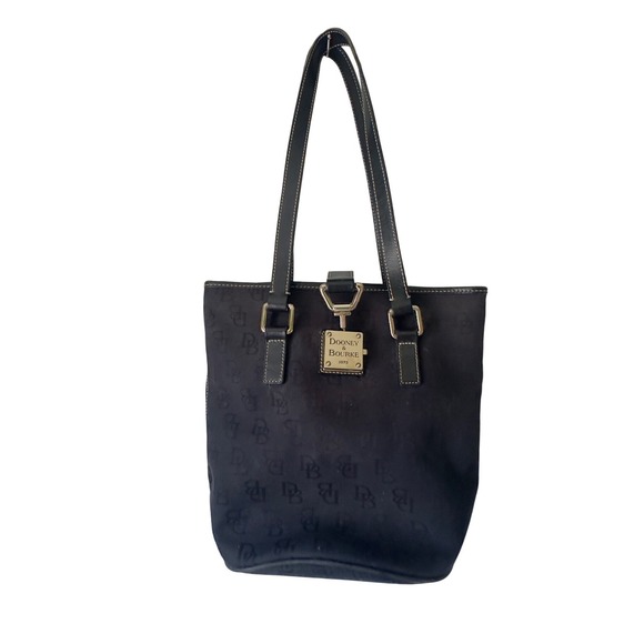 Dooney & Bourke Handbags - Dooney Bourke Black Signature Monogram Canvas Leather Trim Tote Bag‎